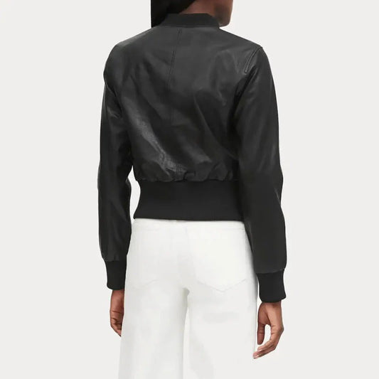 Women's Cropped Ribbed Cuff Black Leather Bomber Jacket