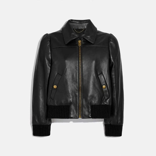 Women's Dark Black Aviator Leather Bomber Jacket