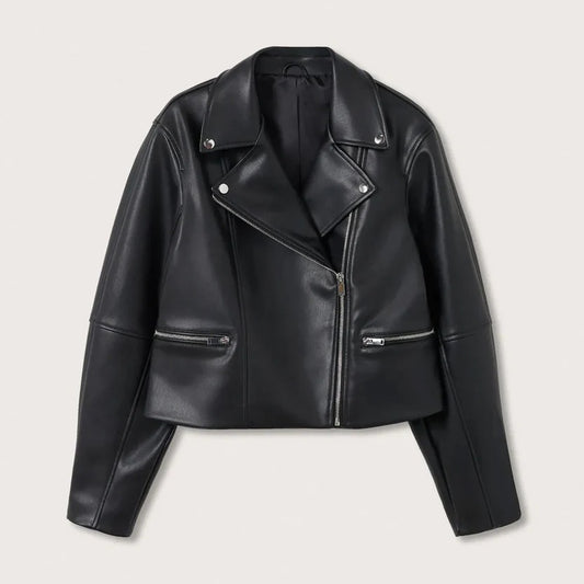 Women's Dark Black Leather Bomber Jacket