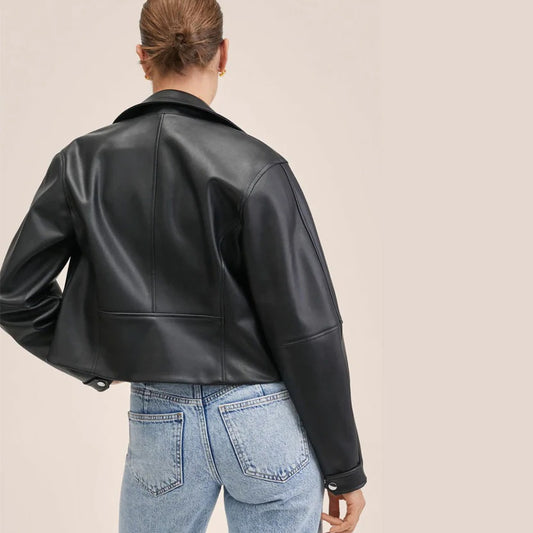 Women's Dark Black Leather Bomber Jacket