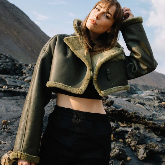 Women's Green Aviator Flight Bomber Leather Jacket