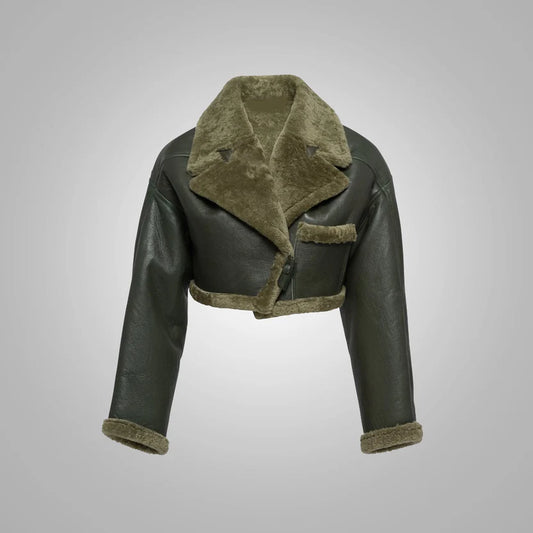 Women's Green Aviator Flight Bomber Leather Jacket