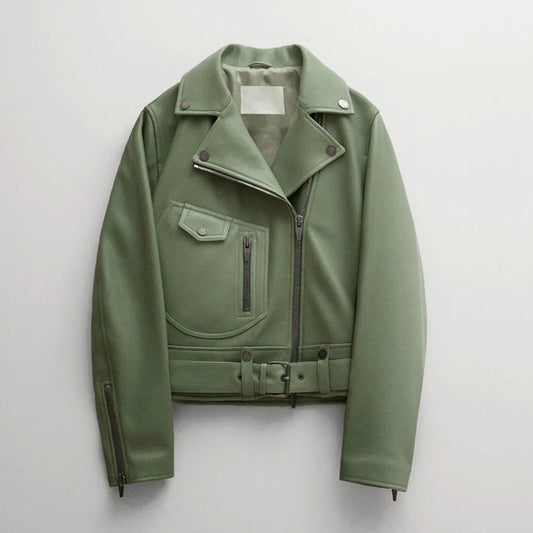 Women's Green Riding Sheepskin Leather Biker Jacket