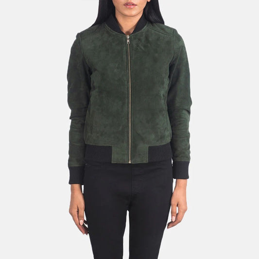 Women's Astonishing Green Suede Leather Bomber Jacket