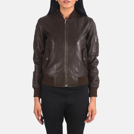 Women's Ma-1 Brown Aviator Leather Bomber Jacket