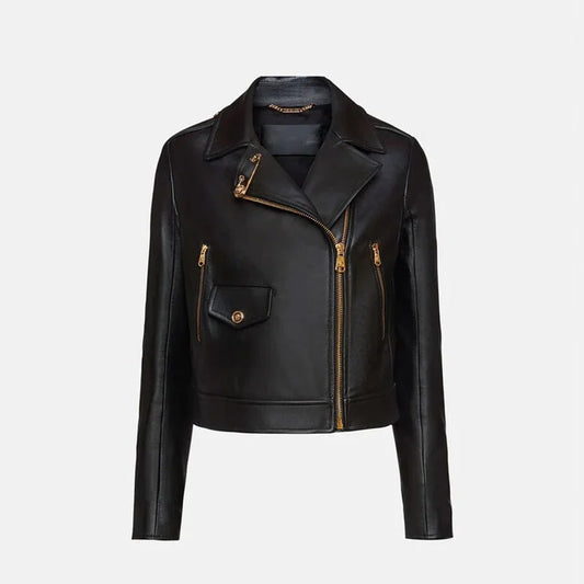 Women's Oil Black Sheepskin Leather Biker Jacket
