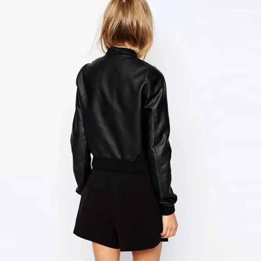 Women's Precise Black Aviator Leather Bomber Jacket