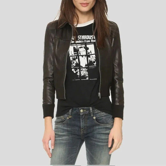 Women's Shirt Collar Brown Aviator Leather Bomber Jacket