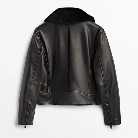 Women's Stout Black Sheepskin Leather Biker Jacket