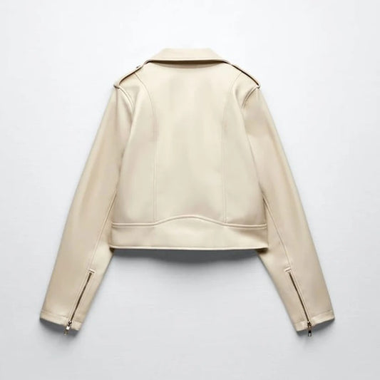 Women's White Sheepskin Motorcycle Leather Biker Jacket