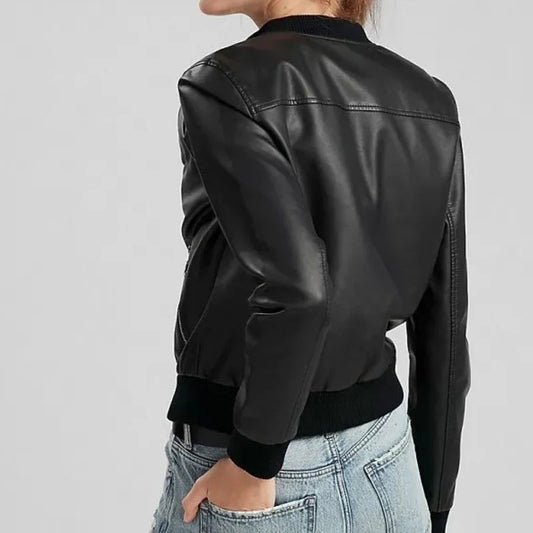 Women's Pure Black Leather Aviator Bomber Jacket