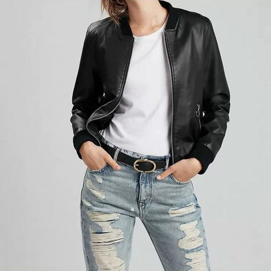 Women's Pure Black Leather Aviator Bomber Jacket